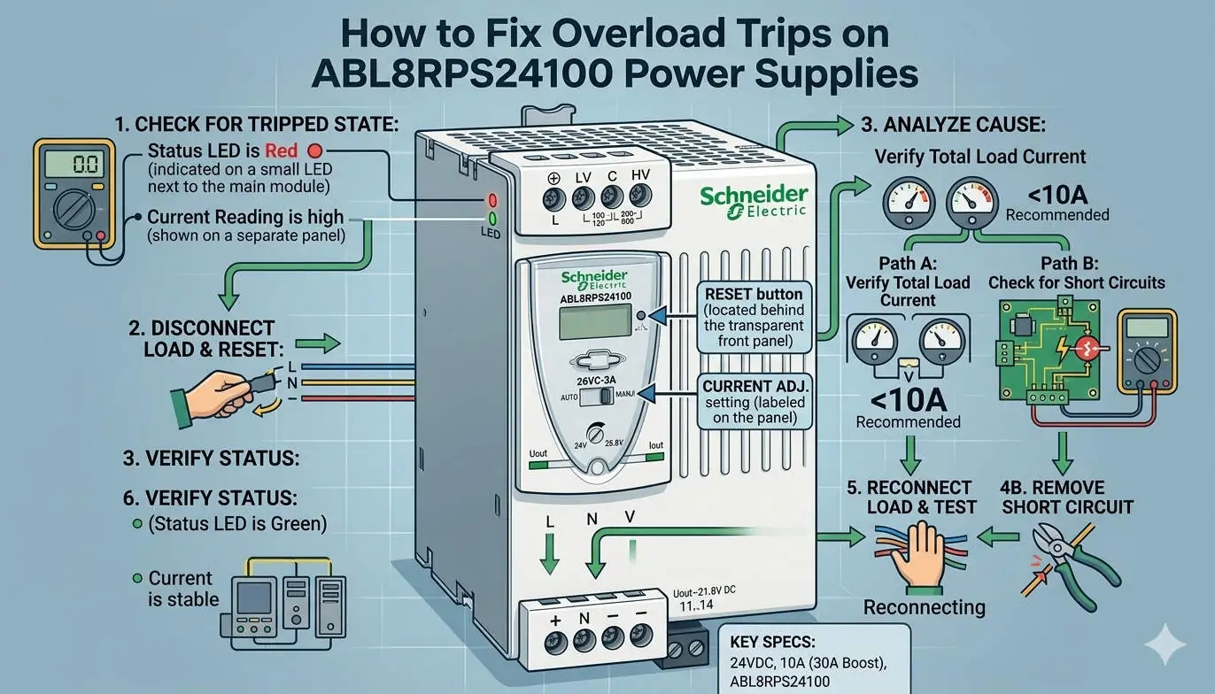 How to Fix Overload Trips on ABL8RPS24100 Power Supplies