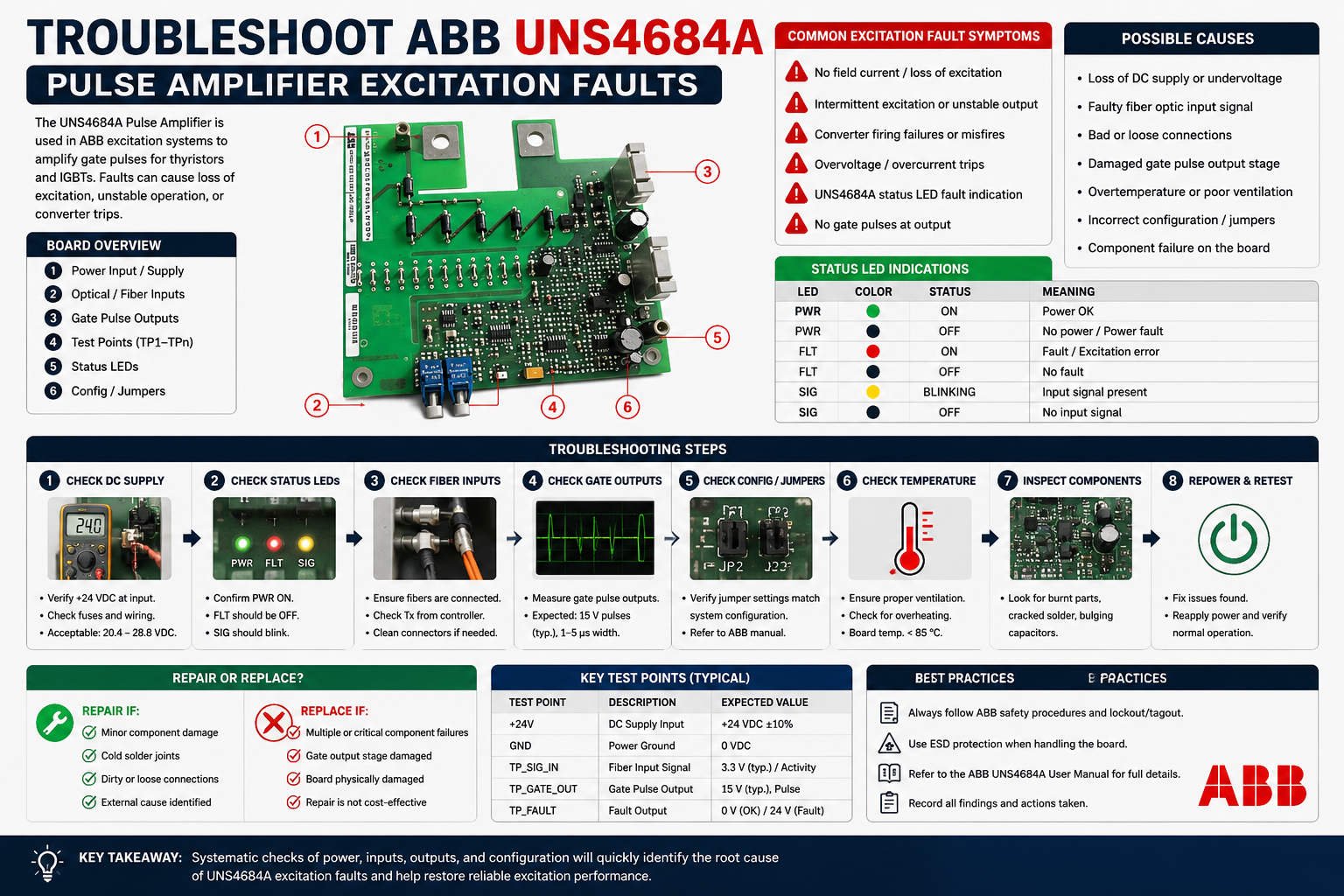 Troubleshoot ABB UNS4684A Pulse Amplifier Excitation Faults
